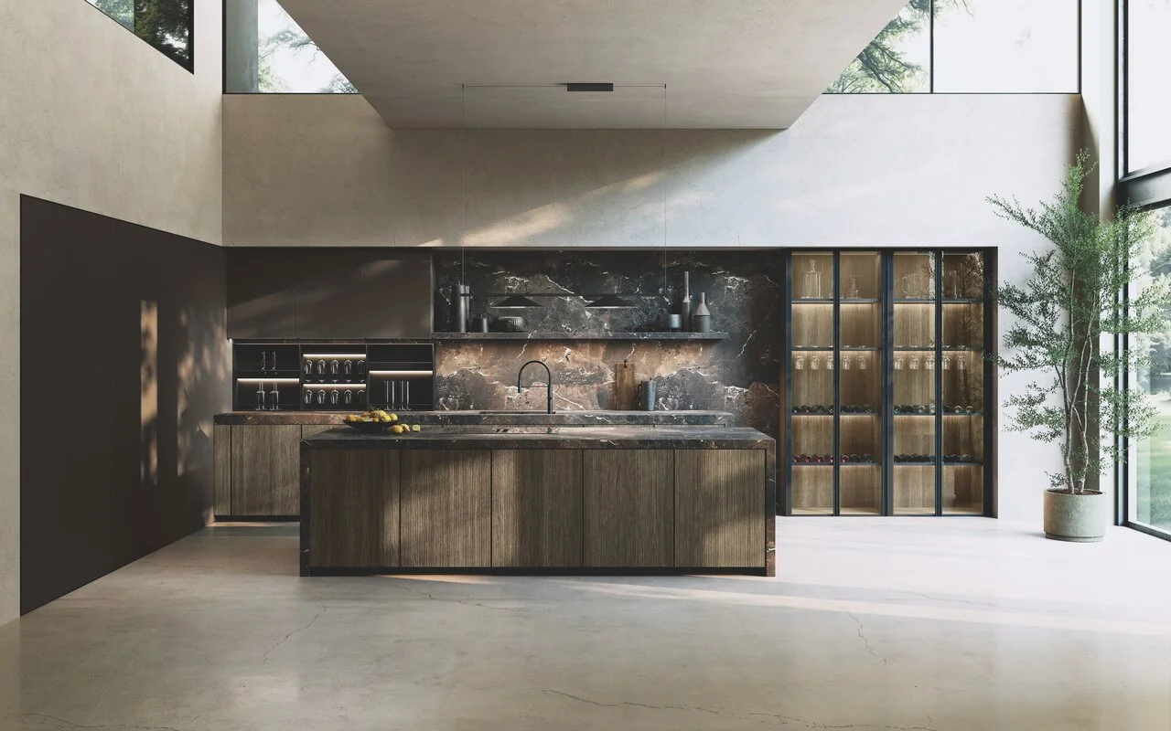 Binova AVOLA — lacquered Italian kitchen with sculptural horizontal cabinetry